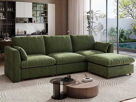 Ihanherry 117" Oversized Modular Sectional Sofa, Modern L Shaped Cloud Couch with Storage Ottoman, 4-Seat Comfy Chenille Deep Seat Sofa with 2 Pillows for Living Room, Green