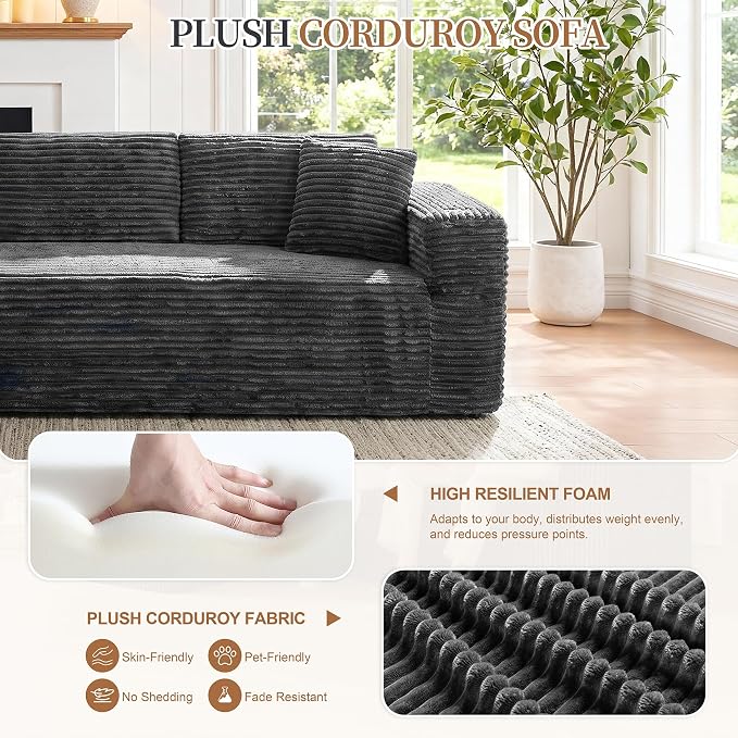 Vongrasig 103" Boneless Sectional Couches for Living Room, L-Shaped Chaise Modular Cloud Couch with Cup Holders on Armrests, Plush Corduroy Comfy Sofa with Memory Foam, No Assembly Required (Grey)