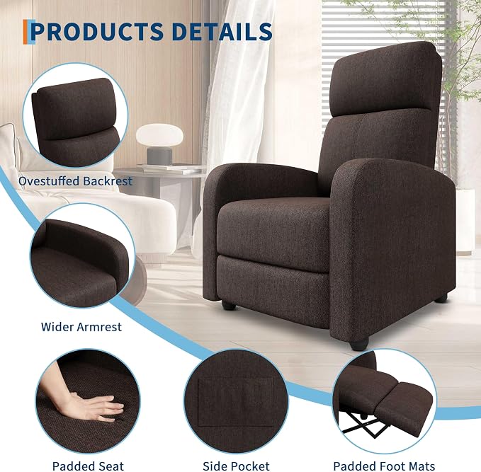 Garvee Recliner Chair for Adults Set of 2 PU Leather Lazy Recliner Ergonomic Adjustable Single Sofa Enhanced with Side Pocket, Tall Back, Wide Arms & Padded Seat, Home Theater Seating for Living Room
