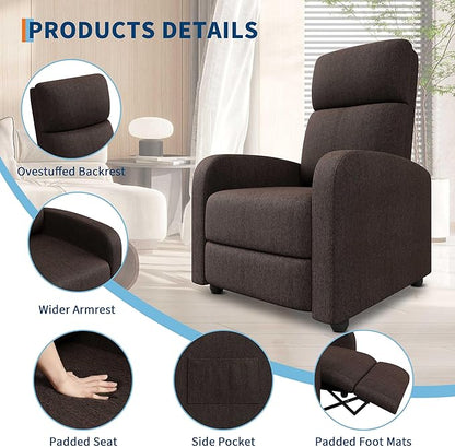 Garvee Recliner Chair for Adults, Lazy Reclining Chair Ergonomic Adjustable Single Sofa Enhanced with Side Pocket, Tall Back, Wide Arms & Padded Seat, Home Theater Seating for Living Room