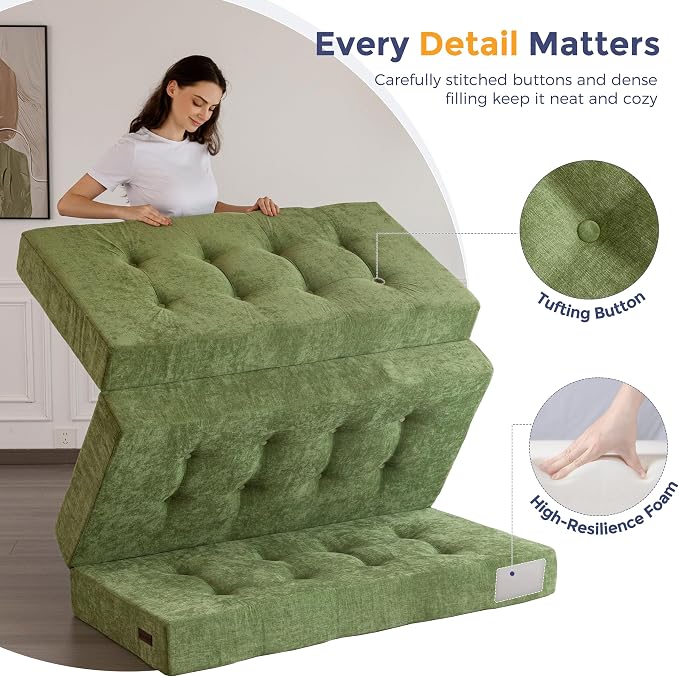 MAXYOYO 6" Folding Sofa Bed for Floor, Tufted Tri-Fold Floor Mattress with Chenille Fabric, Queen Size Portable Sofa Couch Guest Mat for Adults, Foldable Topper for Camping, Green, 59"x78.7"
