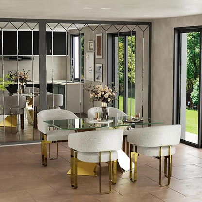 Boucle Dining Chairs Set of 4, White Barrel Dining Chairs with Arms and U-Shaped Mirrored Gold Legs, Modern Side Chairs for Dining Table, Kitchen and Dining Room Restaurant Recepition