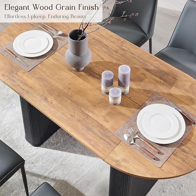 T4TREAM 63" Fluted Oval Dining Table for 4-6, Mid-Century Modern Kitchen Table with Thickened Edge & Strip Base, Wood Luxury Table for Dining Room/Kitchen/Home Office, Gold Brown&Black(Table Only)