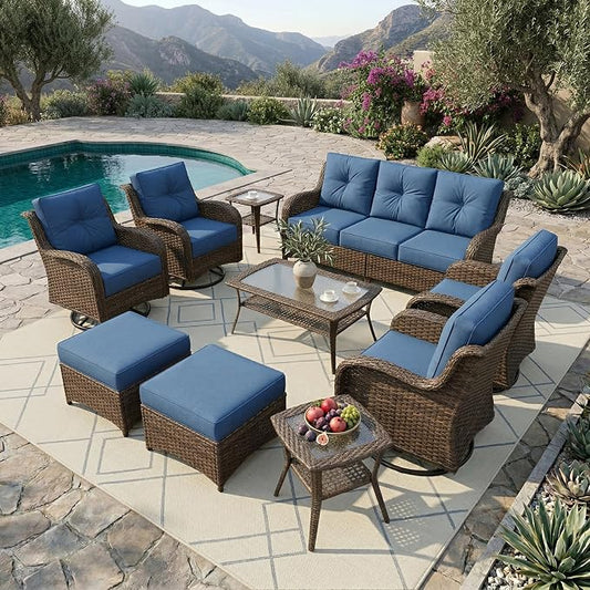 Patio Furniture Set, 10PCS Outdoor Wicker Conversation Set with 6" Thick Cushions, High Back Rattan Sofa & Swivel Rocker Chairs, Weather Resistant Olefin Fabric for Garden, Poolside, Navy Blue