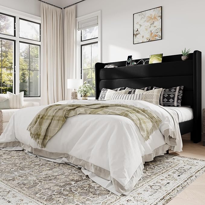 Allewie King Size Upholstered Bed Frame with Charging Station & Storage Headboard, Soft Velvet Wingback Platform Bed, Strong Wooden Slats Support, No Box Spring Needed, Easy Assembly, Black