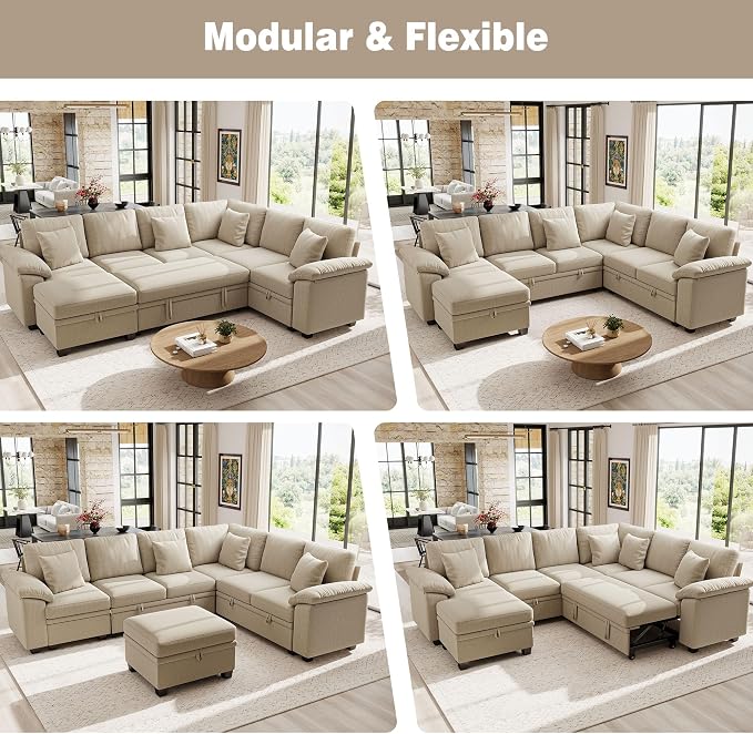 Ihanherry 108" Modular Sectional Sofa with Pull Out Bed, 6-Seater U Shaped Sectional Sleeper Couch with Storage Ottoman, Chenille Convertible Couches for Living Room, Apartment (Sand)