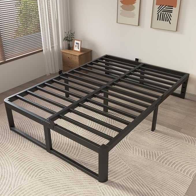 ZTH Queen Size Metal Platform Bed Frame 14 in, No Box Spring Needed, Black | Heavy duty support, Underbed storage, Noise-free design, Anti-slip clips, Rounded legs, Easy assembly, Headboard compatible