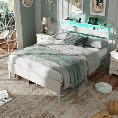 Furnulem Queen Bed Frame with Storage Headboard and LED Lights, Metal Bedframe with Charging Station and USB Port, Queen Size Platform Bed with Heavy Duty Slats, No Box Spring Needed, White
