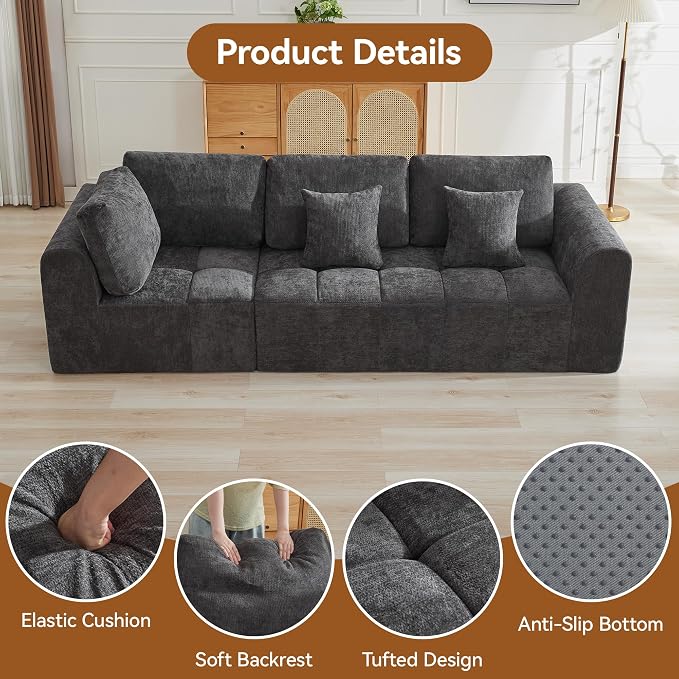 110''Modular Sectional Couches for Living Room, Cloud Boneless Compressed Sectional Sofa, Oversized 3 Seater Upholstered Memory Foam Sofa, No Assembly, Chenille Grey