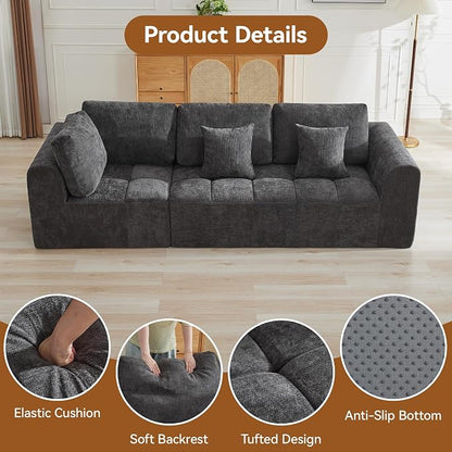 110''Modular Sectional Couches for Living Room, Cloud Boneless Compressed Sectional Sofa, Oversized 3 Seater Upholstered Memory Foam Sofa, No Assembly, Chenille Grey