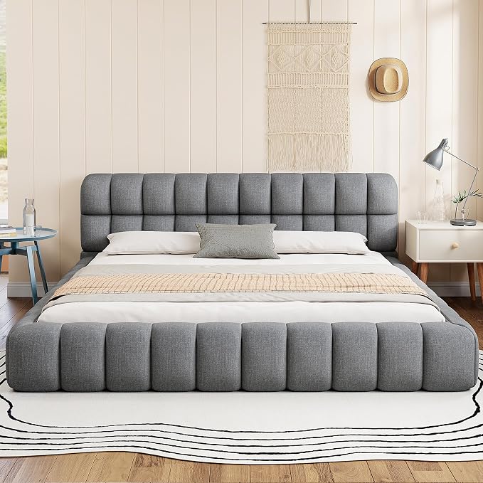 King Size Upholstered Platform Bed with Thick Fabric,Low Wood Grounded Bed W/Headboard & Footboard,Slat Support,No Box Spring Needed, Easy Assemble,Gray