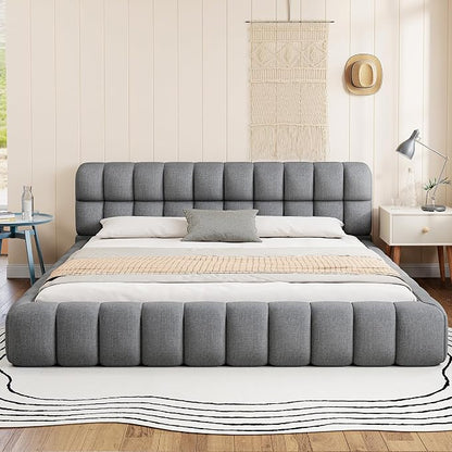 King Size Upholstered Platform Bed with Thick Fabric,Low Wood Grounded Bed W/Headboard & Footboard,Slat Support,No Box Spring Needed, Easy Assemble,Gray