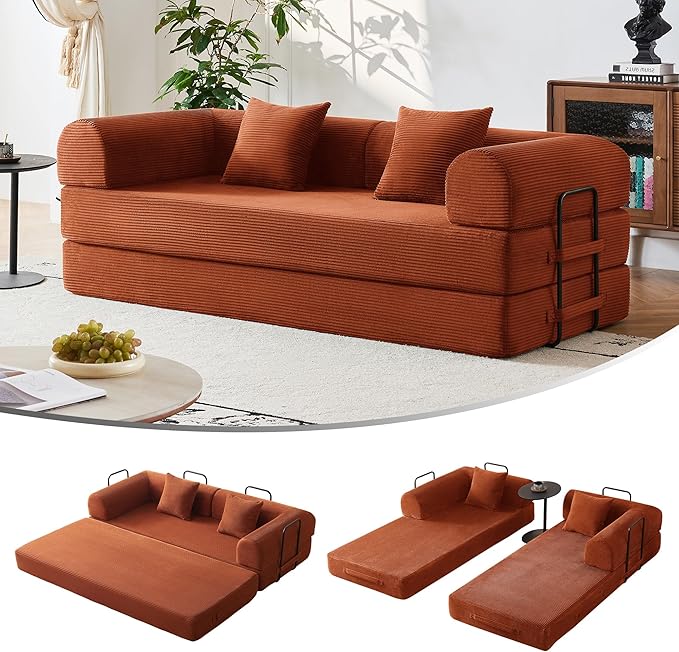 79" 5-in-1 Convertible Sofa Bed No Assembly, Boneless Couch Bed with High Density Foam, Foldable Sleeper Sofa, Corduroy Modular Couch for Apartment, Studio, Dorm Room, Small Space, Orange