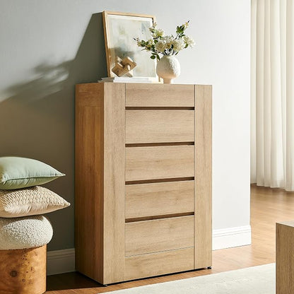 OKD 5 Drawer Dresser for Bedroom, 48" Tall Dresser Chest of Drawers with Thick Wood Design, Handleless, Modern Bedroom Dresser, Storage Organizer for Living Room/Entryway, Natural Oak