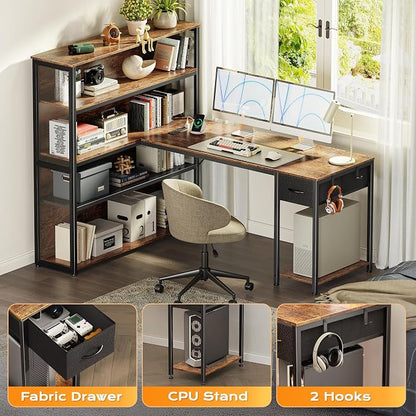 PRAISUN 57 Inch L Shaped Gaming Computer Desk with Larger Open Cabinet, Reverisble Office Desk with Power Outlets, LED Lights, Work Desk, Fabric Drawer, Adjustable Wood and Mesh Shelf, Rustic Brown