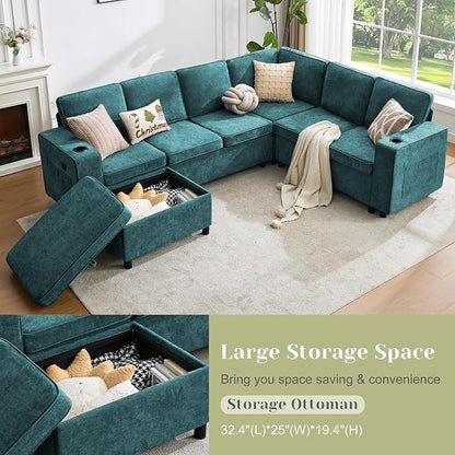 107 Inch Sectional Sleeper Sofa with Pull Out Bed, 7 Seat U Shaped Modular Sectional Sofa with Storage Ottoman, USB Port & 6 Pillows, Sectional Couches for Living Room & Apartment, Modular Couch,Green