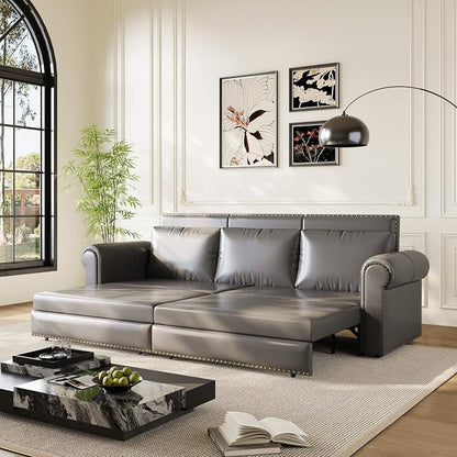 93.7" King Pull Out Sofa Bed, Faux Leather Sleeper Sofa Couch, 3 in 1 Convertible Futon Couches for Living Room, Small Space, Apartment, Office, Bedroom, Modern Rivet Armrest, Grey
