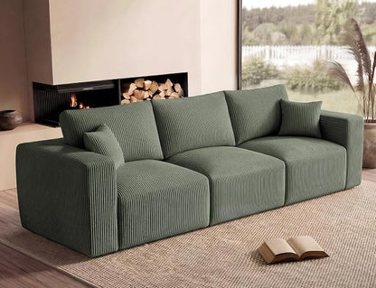 Modular Sectional Sofa, 115" Memory Foam Cloud 3-Seater Boneless Couch, Cozy Upholstered Corduroy Frameless Sofa, No Assembly Required Extra Wide Seating for Living Room & Apartment, Green