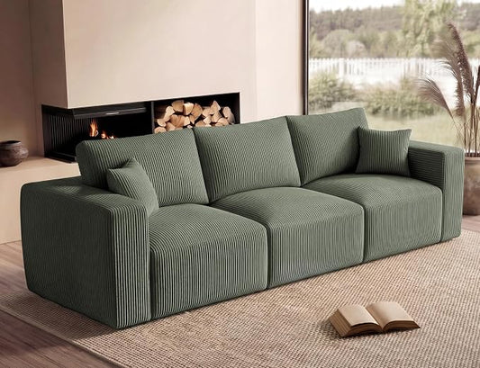 Modular Sectional Sofa, 115" Memory Foam Cloud 3-Seater Boneless Couch, Cozy Upholstered Corduroy Frameless Sofa, No Assembly Required Extra Wide Seating for Living Room & Apartment, Green
