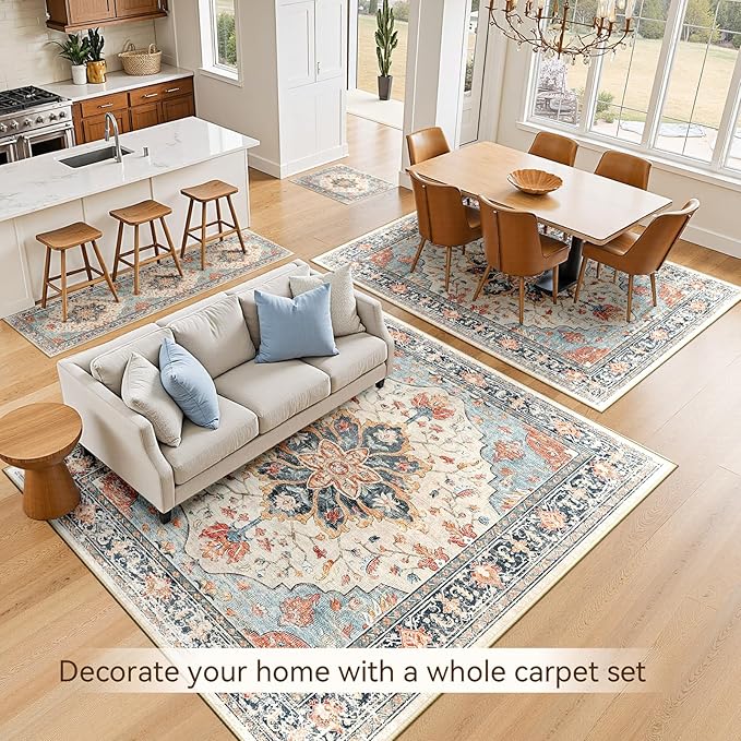 RELEANY Area Rugs 8'x10' Washable Non-Slip, Floral Vintage Distress Medallion Carpet for Living Room Bedroom Dining Room, Beige Navy Blue Orange Colorful