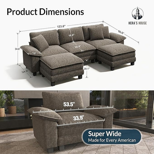 HERA'S HOUSE 124" Oversized Modular Sectional Sofa, Comfy U Shaped Couches for Living Room, Cloud Couch with Ottoman, 5-Seater Deep Seat Sofa with Throw Pillow, Chenille Ash