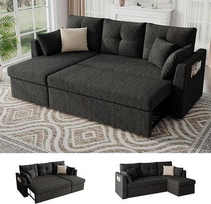 Huatean Home Sleeper Couch Sofa, Sectional Sleeper Sofa Bed with Side Pocket for Living Room, 2 in 1 Pullout Couch Bed with Storage Chaise, Black