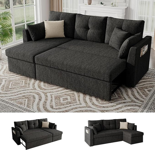 Huatean Home Sleeper Couch Sofa, Sectional Sleeper Sofa Bed with Side Pocket for Living Room, 2 in 1 Pullout Couch Bed with Storage Chaise, Black