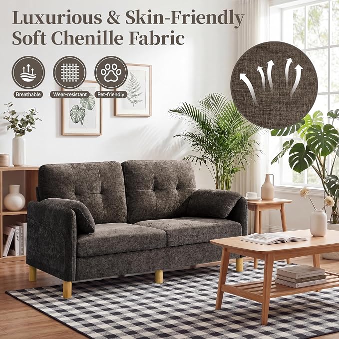 65" Loveseat Sofa, Mid Century Loveseat Couch for Living Room with Storage Pockets, Upholstered Small Loveseat for Small Spaces, Bedroom, Home Office, Apartments, Small Sofa Chenille Brown