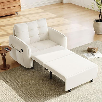 ERYE Modern Foldable Chair Sofa Convertible Pull Out Sleeper Sofabed,Single Seat Tufted Upholstered Sofa Convertible Chaise Lounge Bed with USB-Ports and Side Pockets