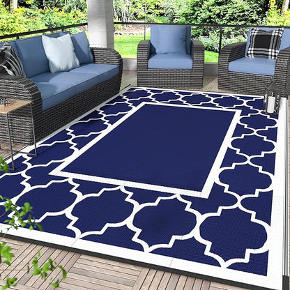 GENIMO 6' x 9' Outdoor Rug Waterproof for Patio Fall Decor, Foldable Reversible Plastic Straw Area Rugs Mat for Camper, Outside Carpet for Rv, Deck, Porch, Picnic, Beach, Balcony, Blue & White