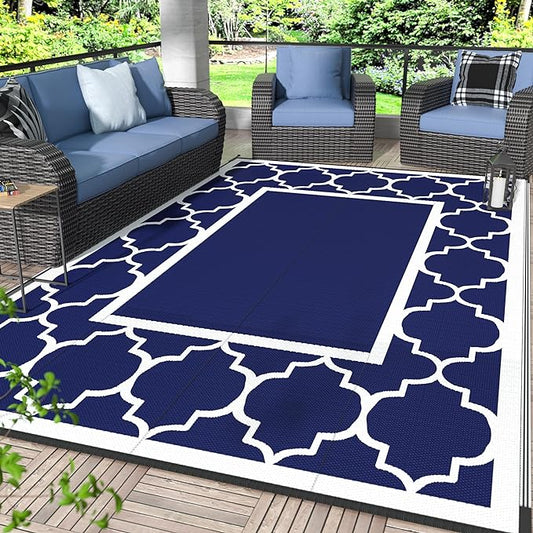 GENIMO 6' x 9' Outdoor Rug Waterproof for Patio Fall Decor, Foldable Reversible Plastic Straw Area Rugs Mat for Camper, Outside Carpet for Rv, Deck, Porch, Picnic, Beach, Balcony, Blue & White
