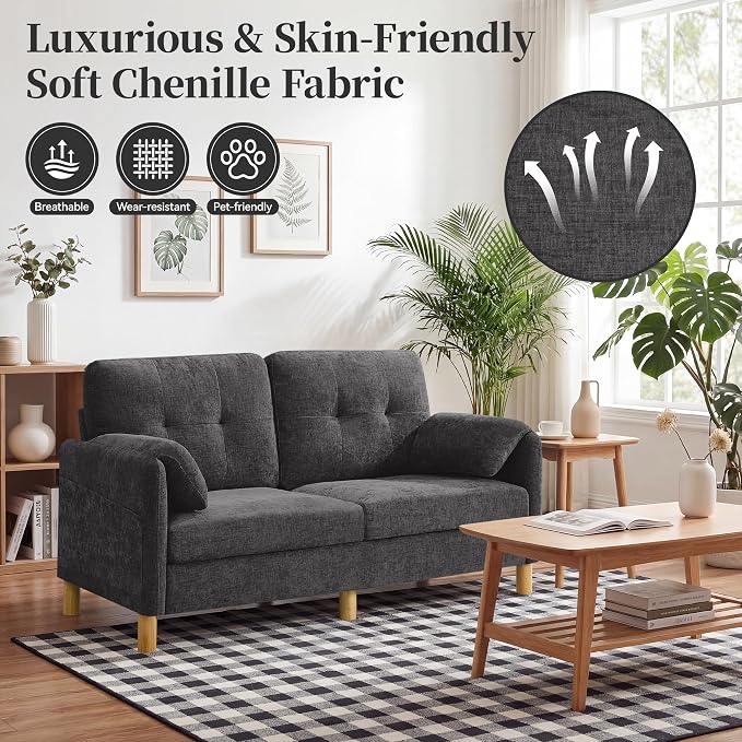 65" Loveseat Sofa, Mid Century Loveseat Couch for Living Room with Storage Pockets, Upholstered Small Loveseat for Small Spaces, Bedroom, Home Office, Apartments, Small Sofa Chenille Dark Grey