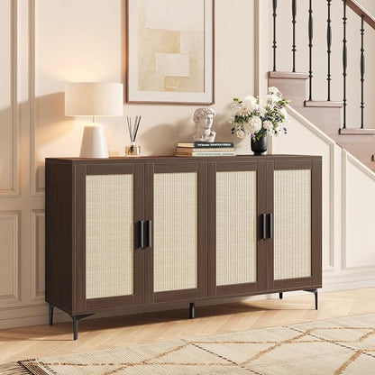 JASIWAY 48" Rattan Buffet Cabinet with Storage, Walnut Coffee Bar Cabinet | Storage Buffet With Doors and Adjustable Shelves, Sideboard Console for Kitchen, Dining Room, Living Room, Anti-Tip