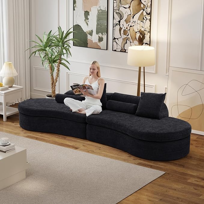 126" Curved Modular Sectional Sofa, Chenille Upholstered Cloud 4 Seater Couch for Living Room, No Assembly Modern Love Seat Sofa with 2 Bolster Pillows & 2 Square Pillows, High-Density Foam, Black