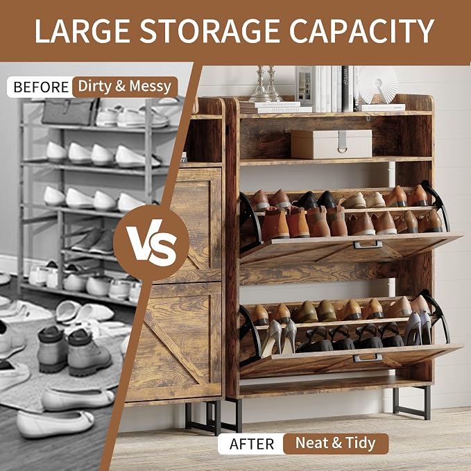 Shoe Cabinet with 2 Flip Drawers, Freestanding Hidden Shoe Storage Organizer for Entryway, Narrow Slim Shoe Rack Cabinet with Open Storage & Hooks for Front Door Entrance, Living Room, Hallway, Brown