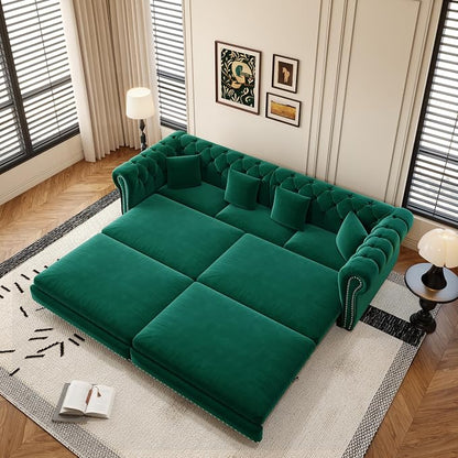 89'' Pull Out Sofa Bed King, Chesterfield Velvet Sleeper Sofa, Convertible L-Shaped Futon Couch, Tufted Back, 4 Pillows, Ottoman, Deep Seat Loveseat Couches for Living Room, Apartment, Green