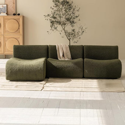 102" Curved Sectional Couch with Chaise Lounge, 3-Seat Reversible L-Shaped Sofa, Deep Seat Sherpa Boneless Modular Couches, Modern Curved Sofas for Living Room – No Assembly, Green