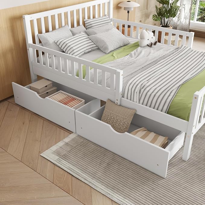 Kids Full Size Bed Frame with Storage Drawers, Wood Full Bed Frames for Kids, Full Bed Frame with Headboard and Footboard for Boys Girls, No Box Spring Needed,White