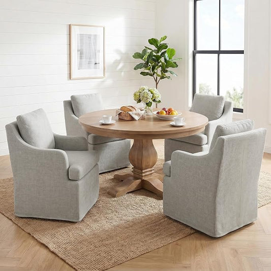 VKNOW Upholstered Dining Chairs Set of 4, Modern Kitchen Chairs Dinner Chairs with 4 Casters, Chenille Armchair for Bedroom Reading Room Living Room, Light Grey