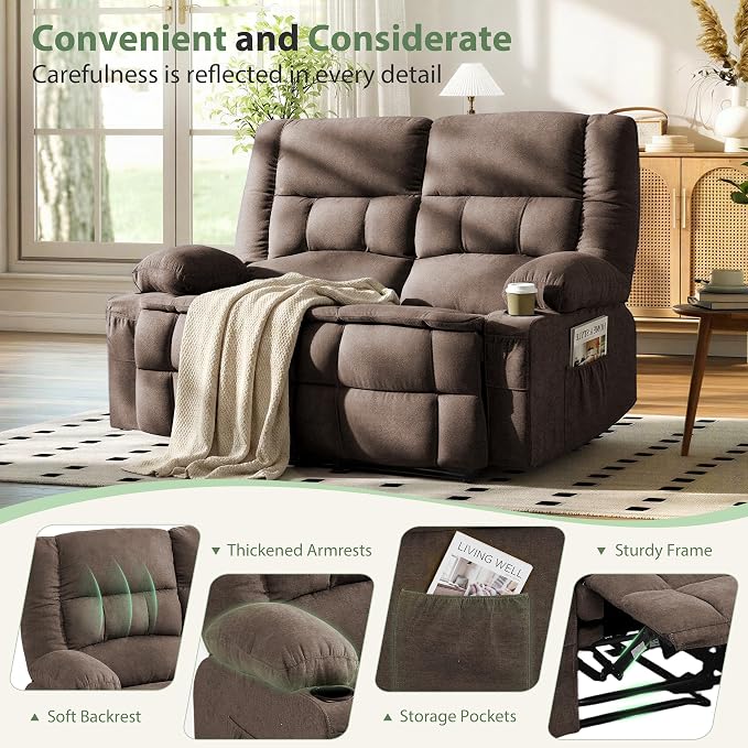Loveseat Recliner Sofa, Wall Hugger Reclining Loveseat with Cup Holders & Storage Pockets, 150° Adjustable RV Couch, Traditional 2-Seat Reclining Couch for Living Room, RV, Home Theater, Brown