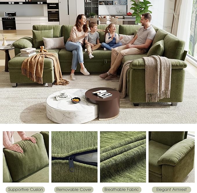 107.8" Modular Sectional Sleeper Sofa with Pull Out Bed, U Shaped 7 Seat Couch with 221L Storage, Convertible Cloud Couch Bed with Ottoman, Sectional Couches for Living Room, Apartment (Green)