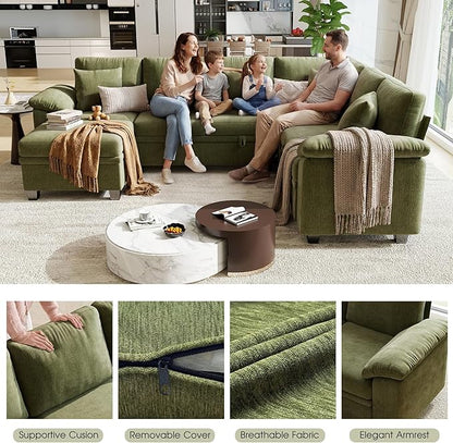107.8" Modular Sectional Sleeper Sofa with Pull Out Bed, U Shaped 7 Seat Couch with 221L Storage, Convertible Cloud Couch Bed with Ottoman, Sectional Couches for Living Room, Apartment (Green)