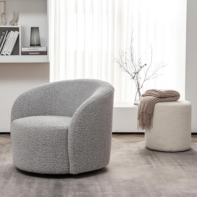 KINWELL 34" Boucle Swivel Barrel Chair with 18" Round Ottoman Set, Fully Assembled Set of Sherpa Accent Chair and Footrest, Modern Comfy Armchair and Footstool for Living Room and Bedroom, Black White