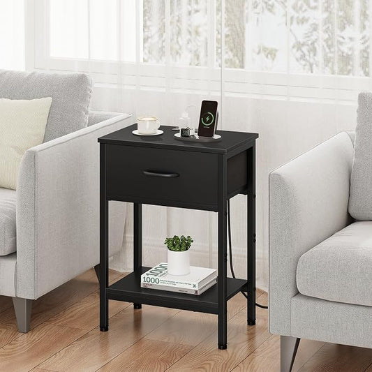 Vagusicc Nightstand Set of 2 with Charging Station, Bed Side Table with Fabric Drawer, Small End Table with 2-Tier Storage Shelves, 25.4" Tall Bedside Table, Black Night Stand for Bedroom, Living Room