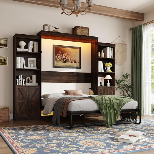 Hlivelood Queen Size Murphy Bed w/2 Storage Cabinet&2 LED Light, Farmhouse Wood Hidden Foldable Wall Bed Frame, Storage Bed Cabinet for Bedroom, Office, Space-Saving, No Box Spring Needed, Brown