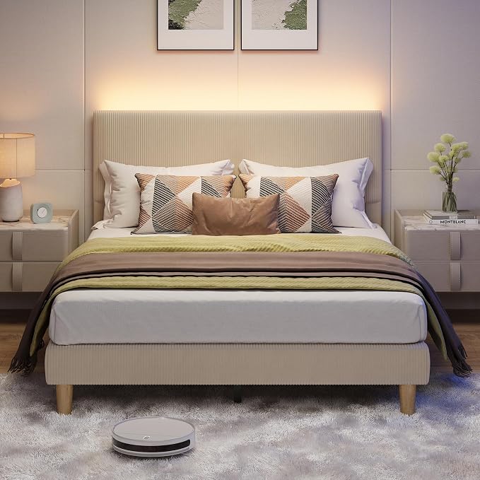 Bestier Queen Size Bed Frame with Headboard LED Lighting,Upholstered,Taupe | Easy Assembly,LED Light Headboard,No Squeaks,Vertical Channel Corduroy Upholstered,Wood Slats Support,No Box Spring Needed