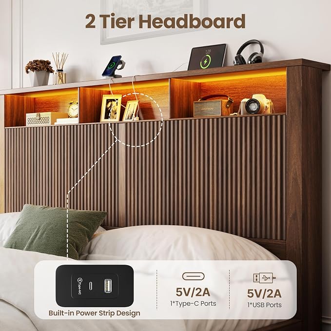 CypBed Queen Size Bed Frame with Headboard and Storage Drawers, Queen Bed Frame with LED Light and Charging Port, Farmhouse Wavy Wood Design, Wood & Metal Platform, Noise-Free, No Box Spring Needed