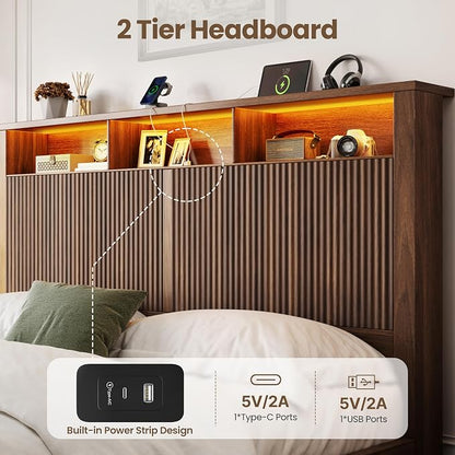 CypBed Queen Size Bed Frame with Headboard and Storage Drawers, Queen Bed Frame with LED Light and Charging Port, Farmhouse Wavy Wood Design, Wood & Metal Platform, Noise-Free, No Box Spring Needed