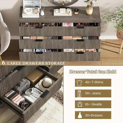 Lulive Wood Dresser for Bedroom with 6 Drawers, 53.2" Long Fluted Modern Chest of Drawers Storage Organizer, Dressers TV Stand for Living Room, Closet, Hallway (Dark Grey Oak)