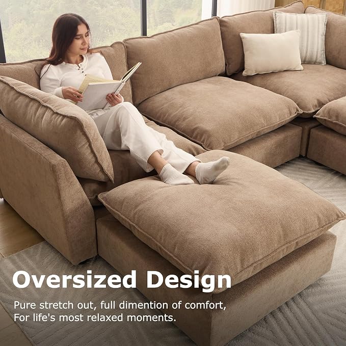 Iroomy Modular Sectional Sofa, Oversized Chenille Cloud Couch, Deep Comfy Seat, 3-Seater Sofas Couches for Living Room, Khaki